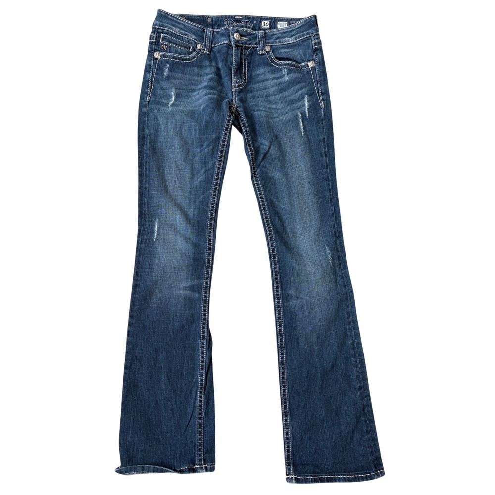 Miss Me Cross Wing Bootcut Jeans Distressed Rhinestone Low Rise Dark Wash 30
